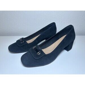 Clarks Tealia Gia Dress Pump Block Heel Black Suede Shoes Women's 8.5‎